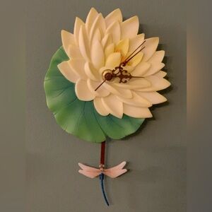 Waterlily and Dragonfly pendulum wall clock new in box by Ibis and Orchid Design